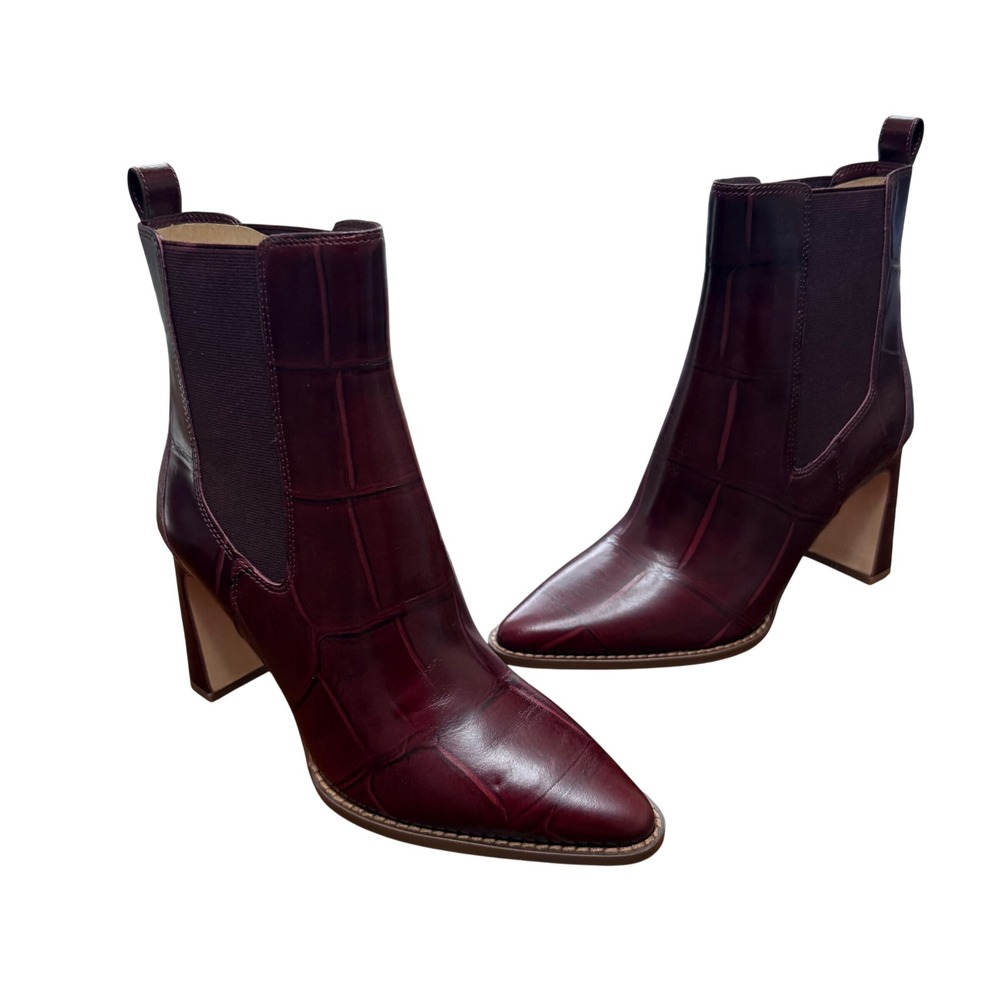 Vince Camuto Dylan Booties Women 7.5 Plum Croc Leather Pointed Toe Block Heel